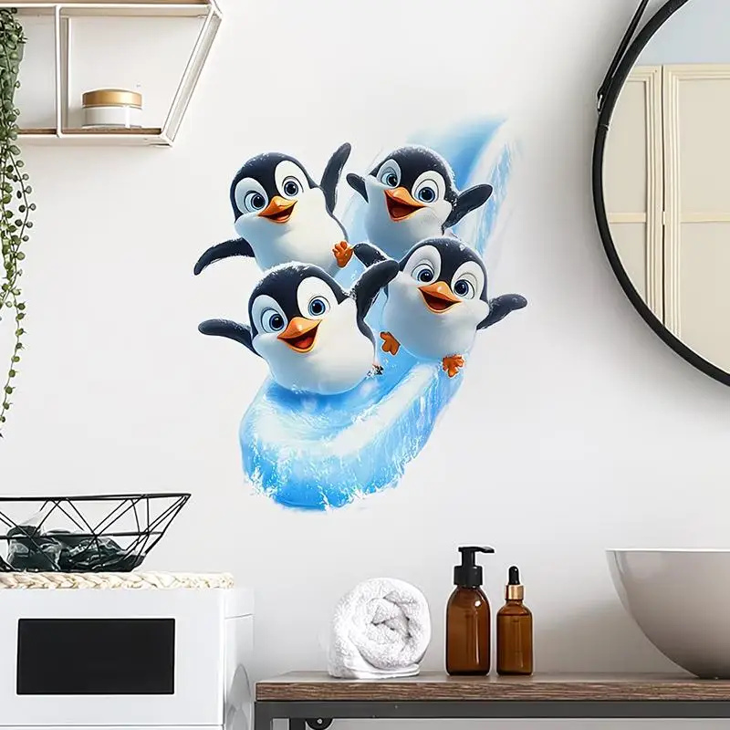 Cute Swimming Penguin Toilet Sticker Removable Waterproof Toilet Lid Decal for Apartment Bathroom Decoration