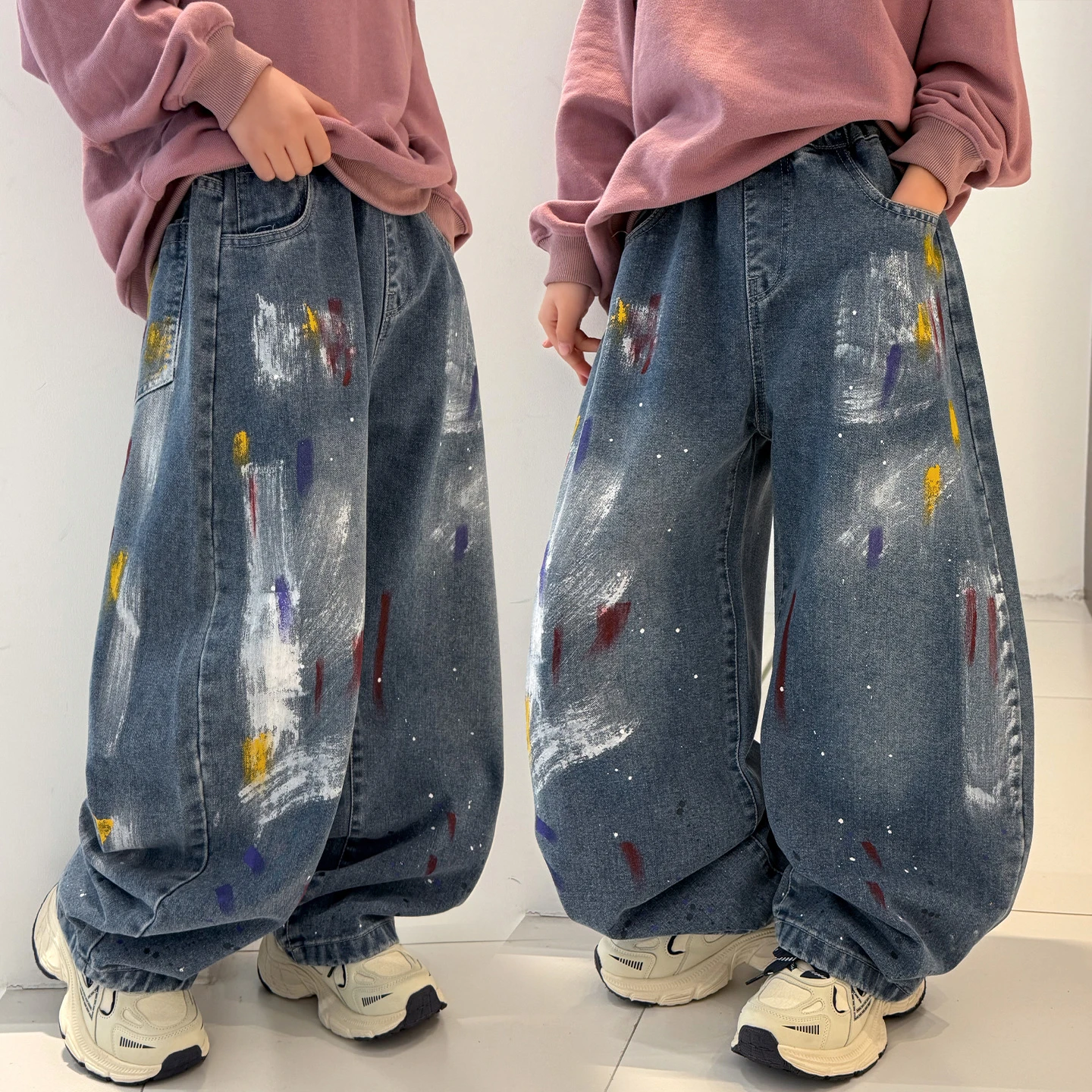 Boys Y2K Graffiti Printed Baggy Jeans New Vintage Blue Harajuku Denim Pants Kids High Street Straight-leg Jeans Trousers