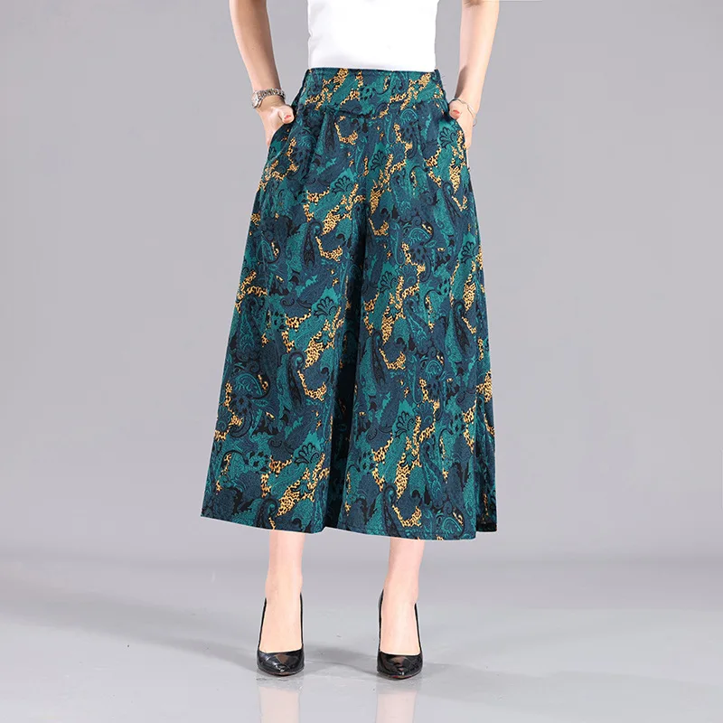 Pantalones de pierna ancha para mujer, pantalón holgado informal de gran tamaño, falda de gasa de cintura alta, pantalones elegantes con estampado Floral, ropa de calle a la moda