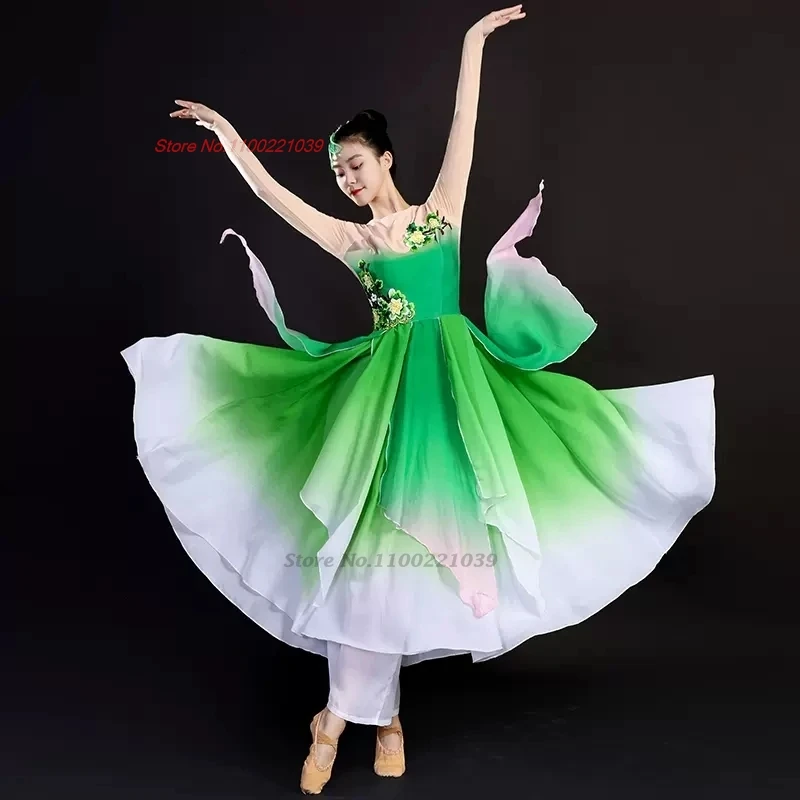 2025 chinese folk dance costume flower embroidery hanfu tops+pants set oriental folk dance practice stage performance dance suit