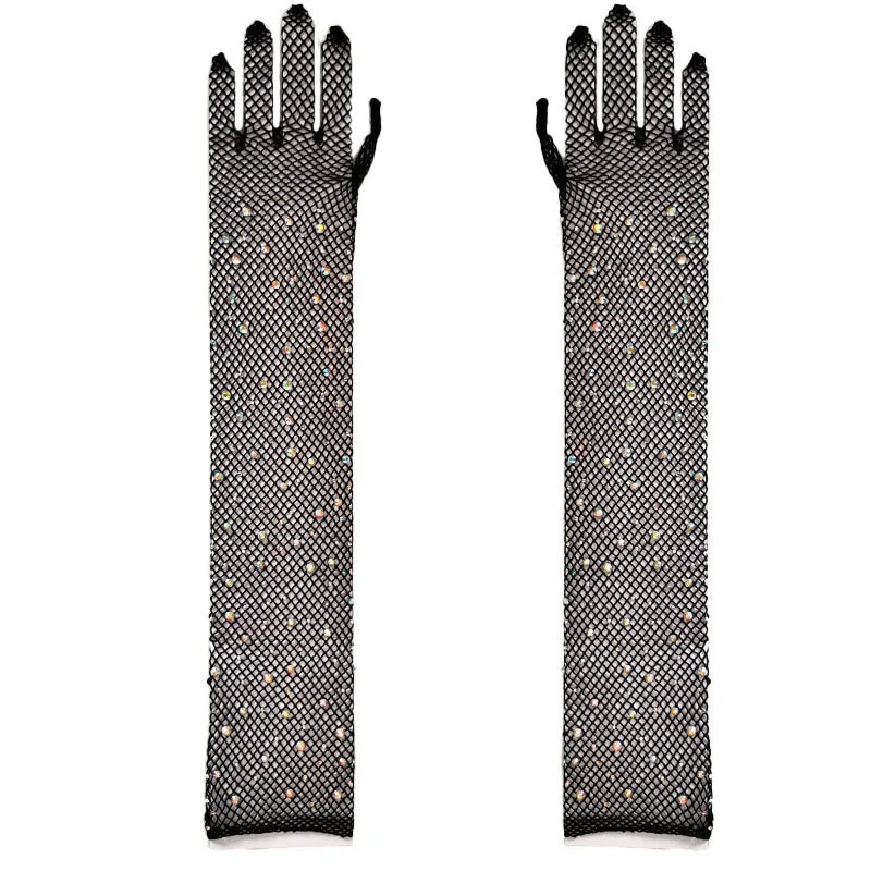 A pair of high elasticity diamond studded sexy nightclub style fishing net gloves