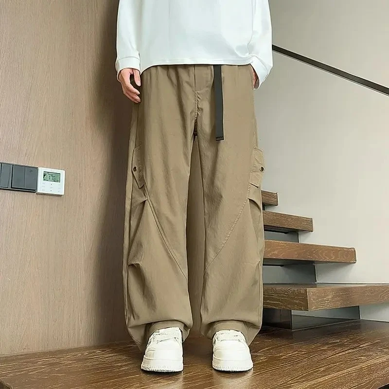 

Мужские модные повседневные дышащие брюки с широкими штанинами, осенние универсальные эластичные брюки с высокой талией на шнурке, свободные прямые брюки