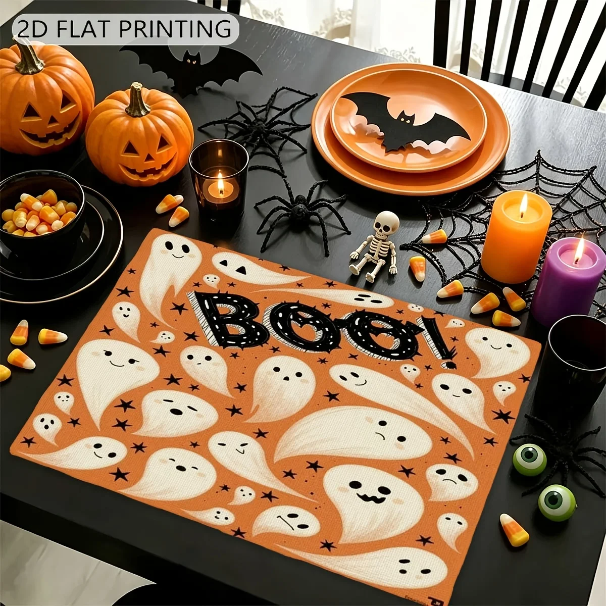 2D Printed Halloween Boo Ghost Star Pattern Placemat Fun Table Mat Reusable Easy to Clean for Banquet Table Seasonal Party