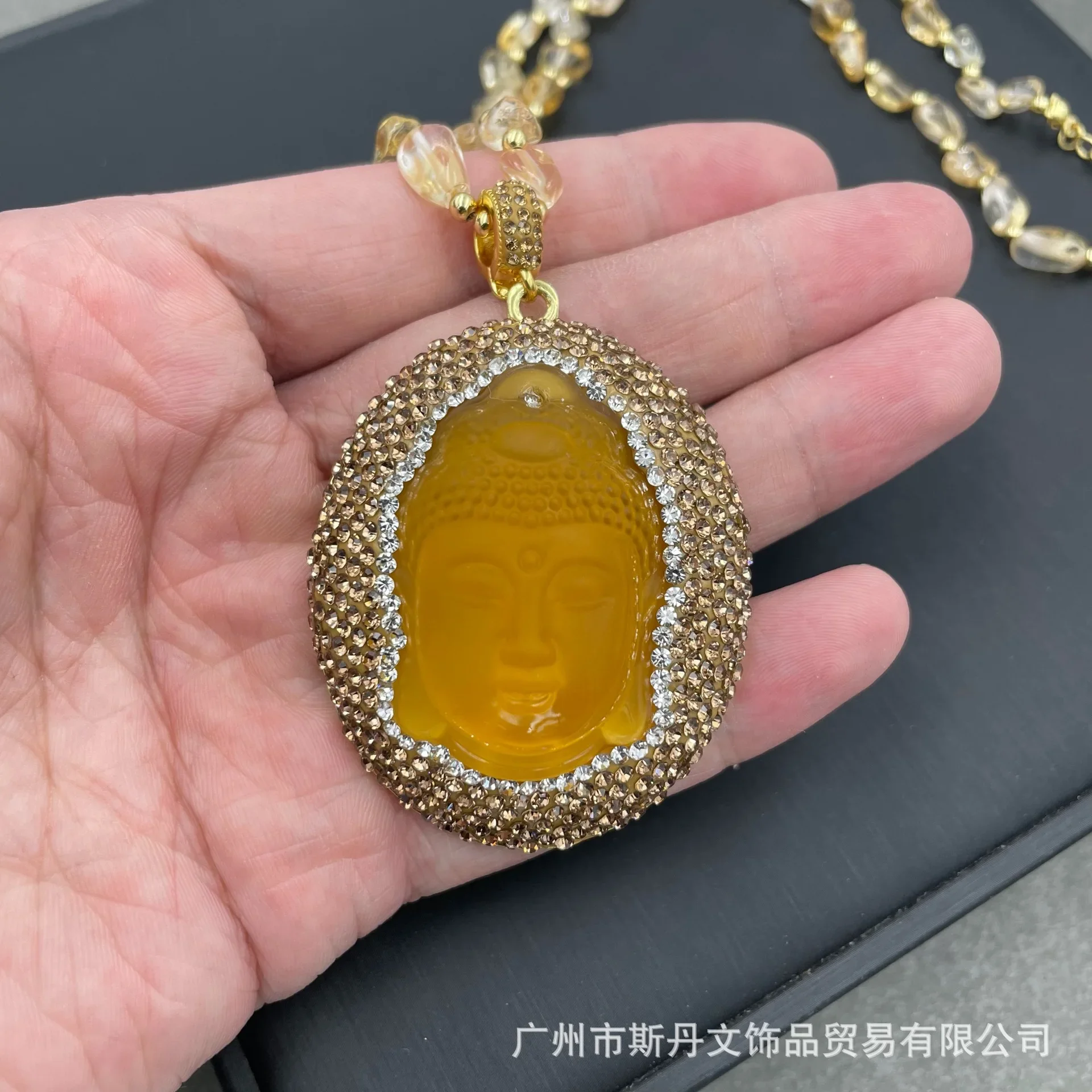 New glazed Buddha Gong pendant natural topaz rough stone necklace original design retro Czech diamond sweater chain wholesale