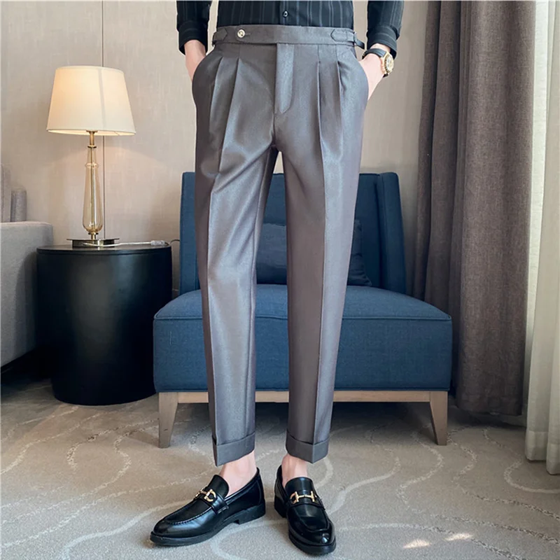 British Style Men High Waist Casual Business Dress Pants Streetwear 2024 New Fashion Social Belt Decoration Slim Fit Suit Pants