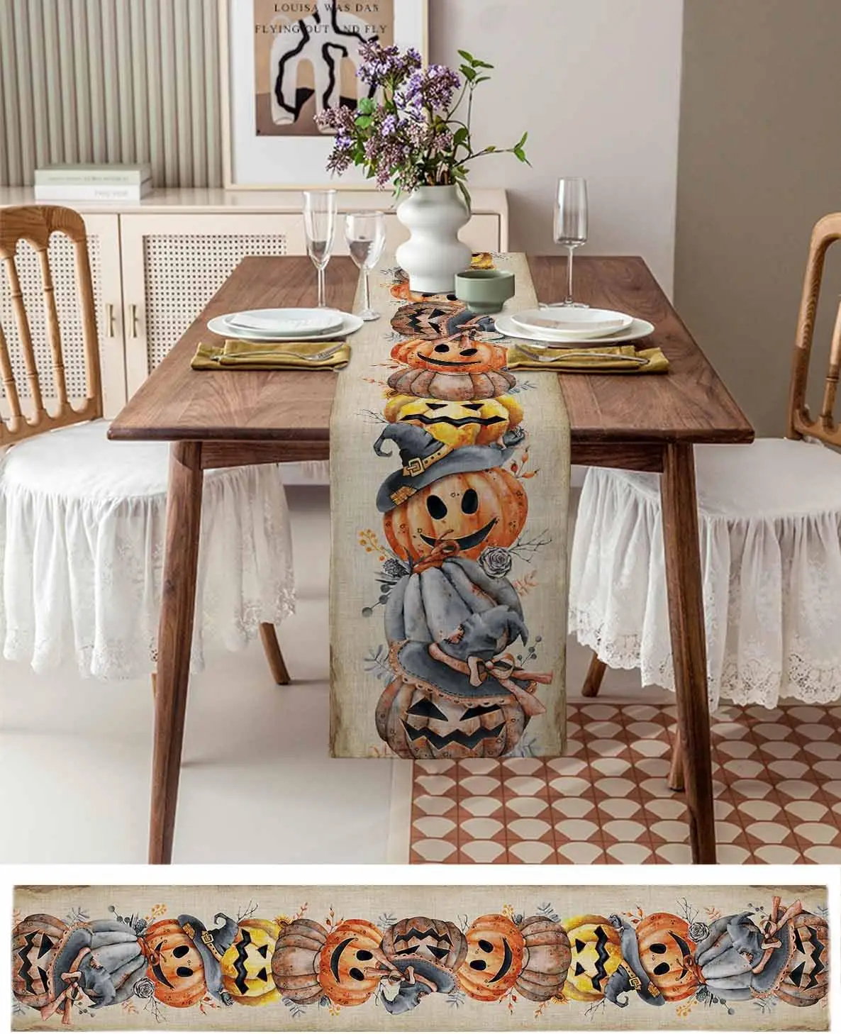 Halloween Spooky Pumpkin Eucalyptus Leaves Linen Table Runner Kitchen Dining Table Decor for Wedding Party Halloween Decorations