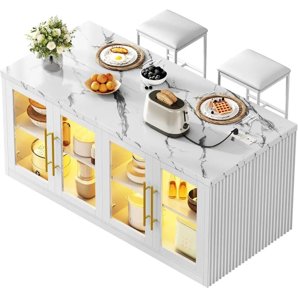 Isla de Cocina con Almacenamiento, Mesa de Isla Grande de 55 Pulgadas de Ancho con Luz LED o Mesa de Comedor, Carrito de Cocina con Ruedas, Mesa de Barra para Desayunos