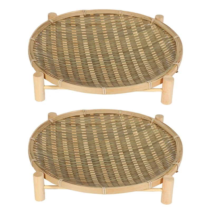 

2X Handmade Woven Bamboo Fruit Basket Food Bread Organizer Kitchen Storage Decorative Round Plate With Bracket