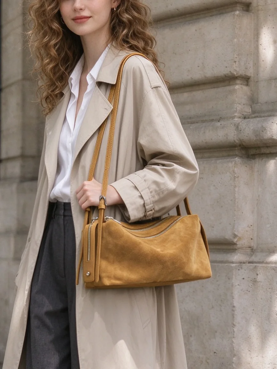 Mevvi Vintage Suede Cowhide Hobo Bag Large Capacity Underarm Shoulder Tote Bag Soft Leather Casual Handbag Commute Autumn Winter