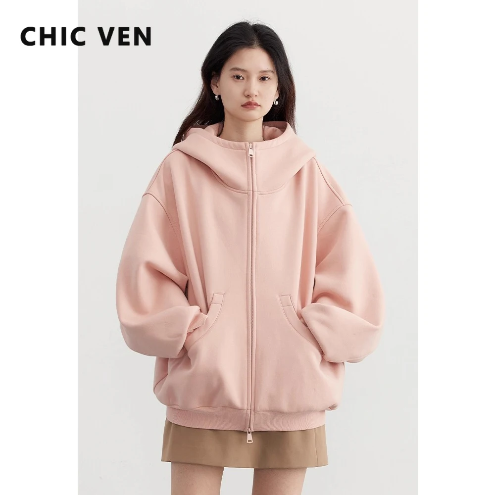 Sudaderas CHIC VEN para mujer, chaquetas informales de manga larga con capucha a la moda, abrigos holgados de felpa con cremallera para mujer, novedad de primavera y otoño 2025