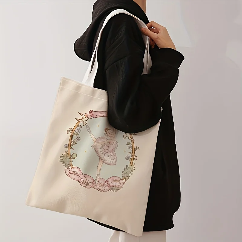 Women's Ballet Floral and Princess Print Handbag  Large Capacity Reusable Polyester Beach & Shopping Bag Reusable Grocery Bags