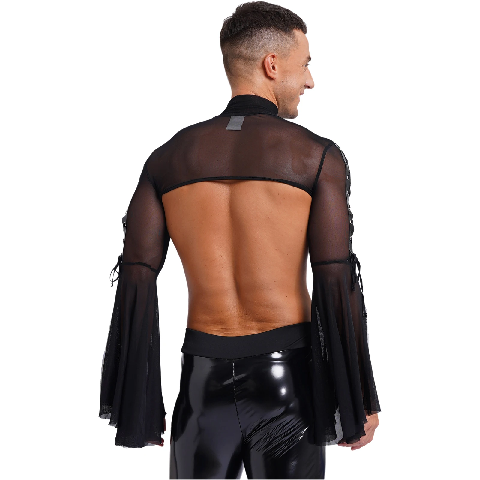 Gótico Punk Flare manga Crop Top masculino, transparente encolher de ombros de malha, pescoço simulado, o-ring Lace-up Tops, festa temática Rave, Clubwear