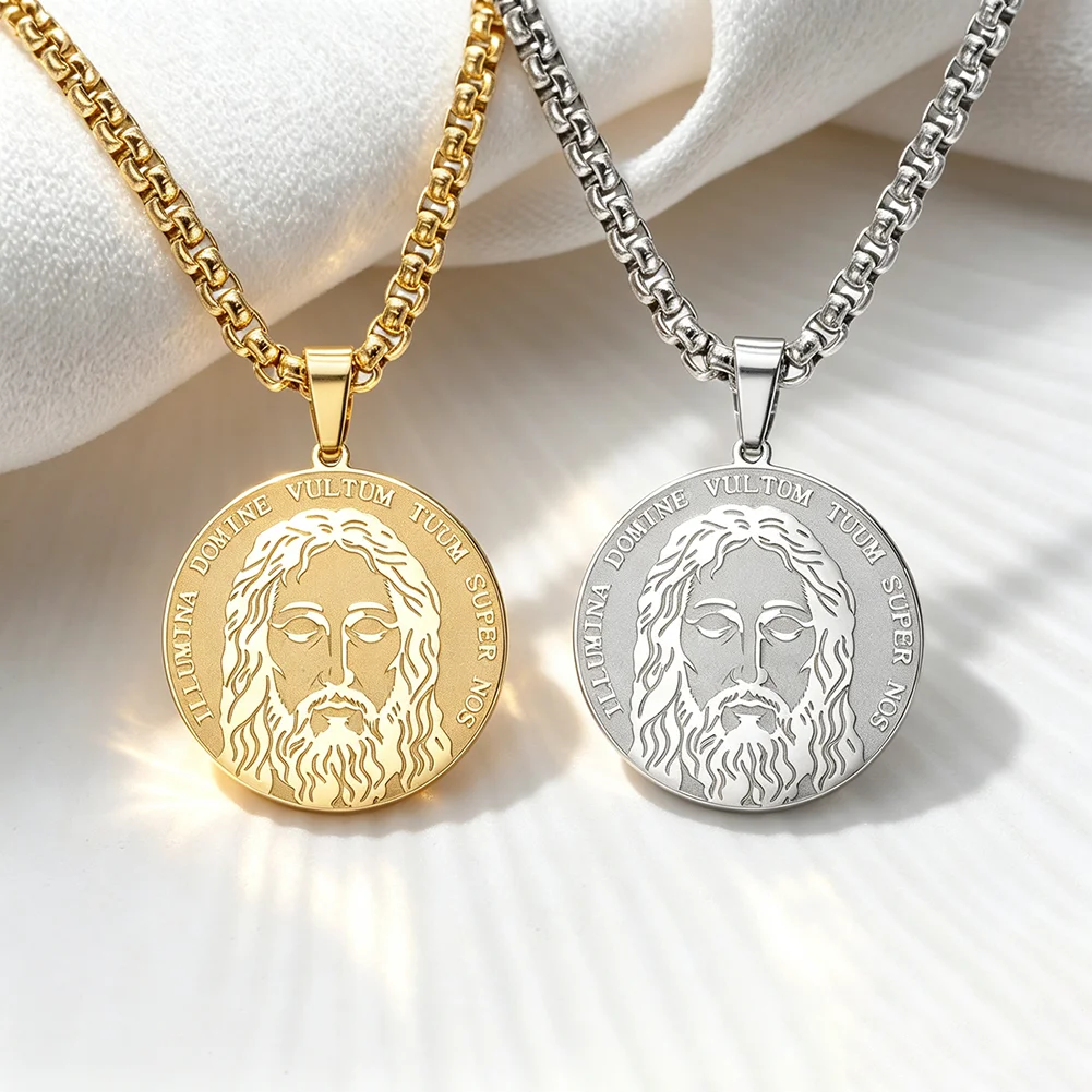 Holy Face of Jesus Round Pendant Necklace Double Sided IHS AMDG Latin Inscription Medallion Christian Religious Amulet Jewelry