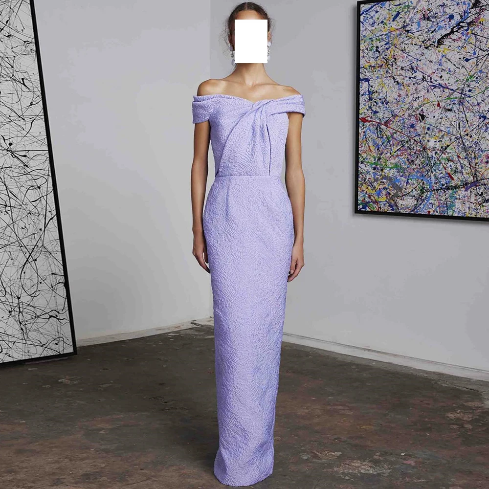 

CustomizedElegant lilac Satin Straight Pleats Evening Dress Classic Zipper Back Sleeveless Off the Shoulder Floor Length Custom