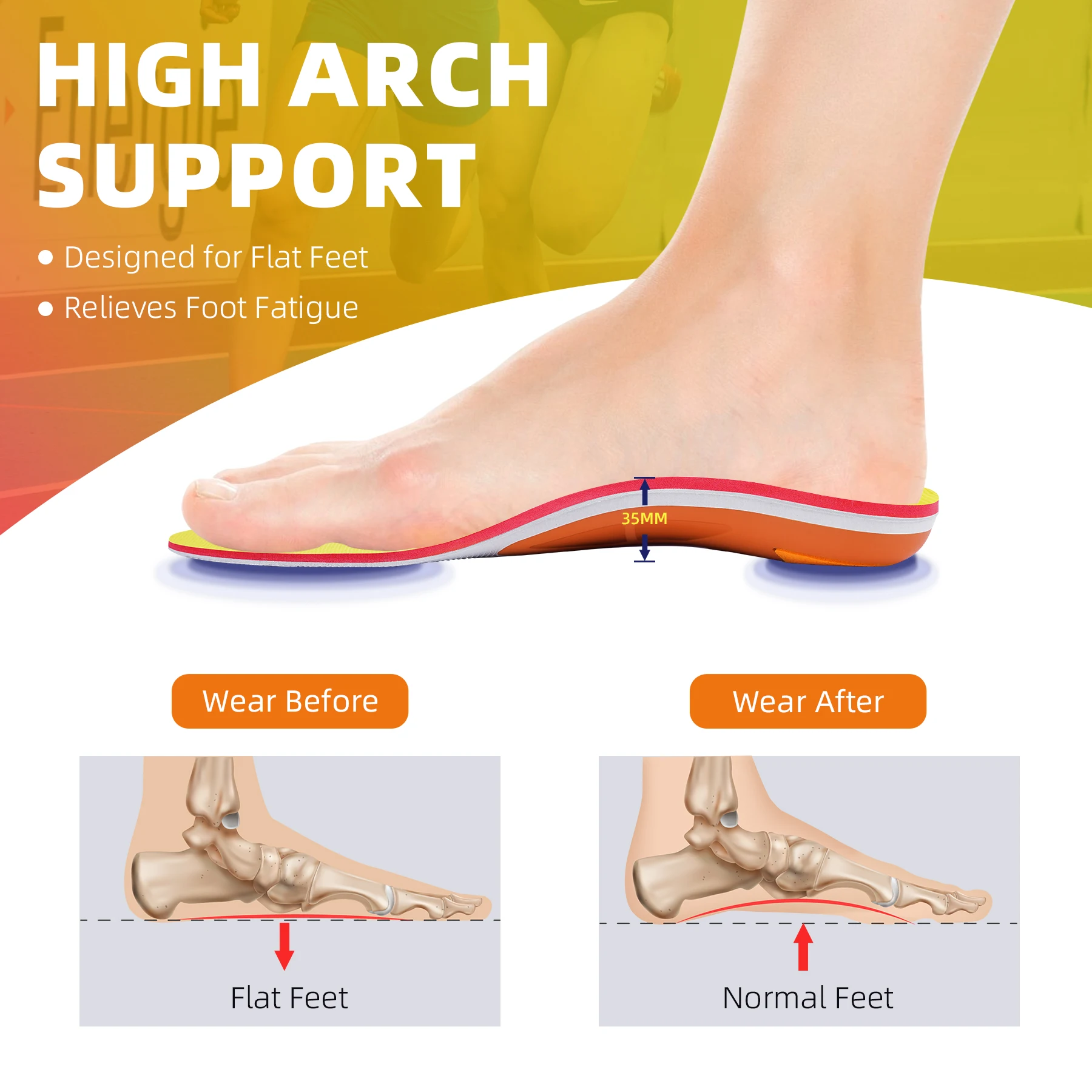 Plantar Fasciitis Relief Insole High Arch Supports Orthotics Inserts, Orthopedic Flat Feet Pads Heel Pain Work Boot Shoe Insoles