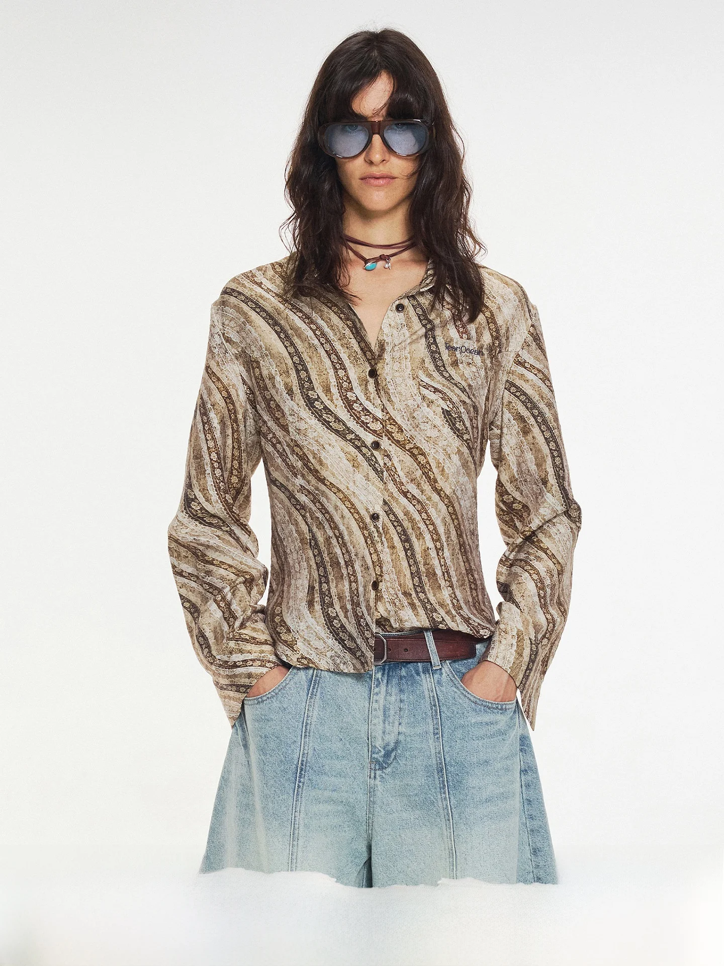 

Женская рубашка TearOcean в стиле ретро из льняной ткани с волнообразным принтом, приталенного кроя, с уникальным дизайном, подчеркивающим талию, осенняя, с длинными рукавами, на пуговицах