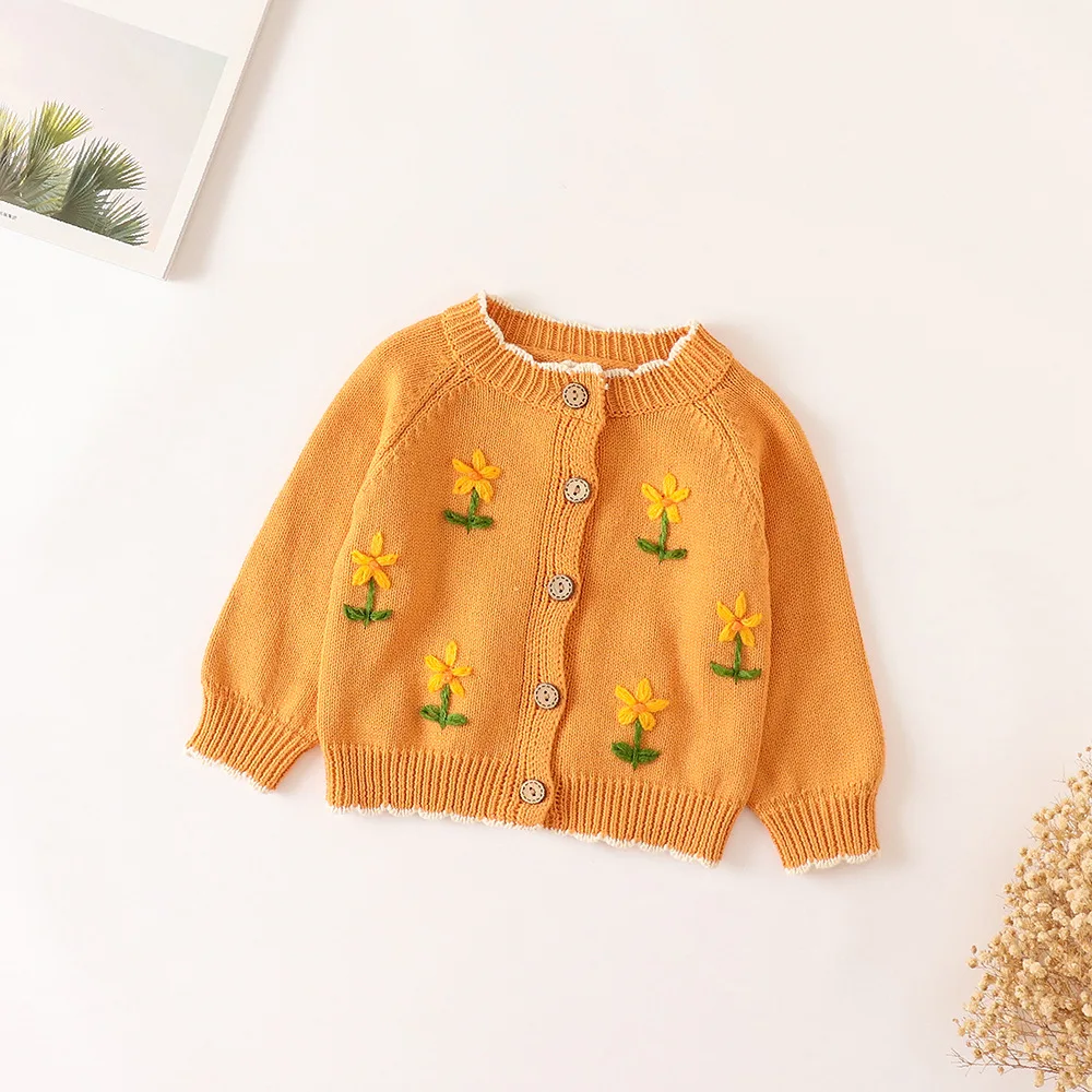2026 Autumn Girls Baby Children's Jacket Hand Hook Embroidered Flower Knitted Sweater Cotton Yarn Long Sleeve Cardigan