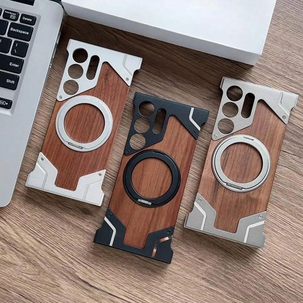 

Magnetic Mobile Phone Case For Samsung Galaxy S25 S24 S22 S23 Ultra Aluminum Alloy Frame Wooden Cover