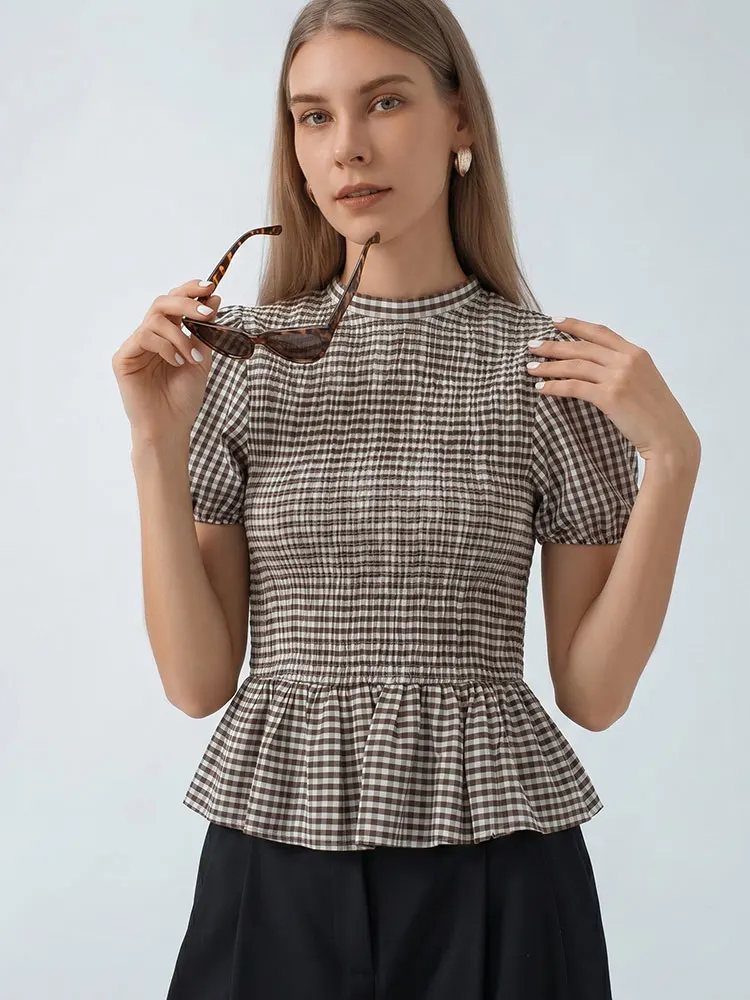 HH Vintage Damen Bluse mit Rüschensaum, elegantes Party-Shirt, modische Strand-Urlaubsbluse, kurze Puffärmel, lässige Sommer-Karo-Bluse, schmal geschnitten