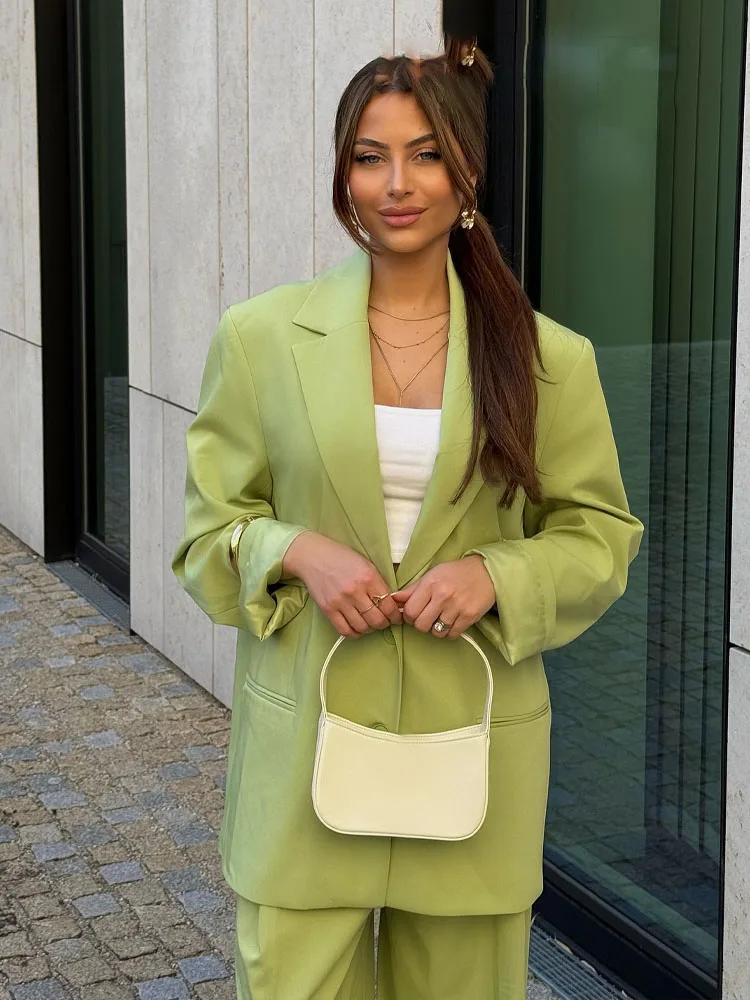 HH Women Suit Turn-Down Collar Long Sleeves Single-Breasted Pockets Lapel Blazers+Tripping Strap Decoration Zipper Pants
