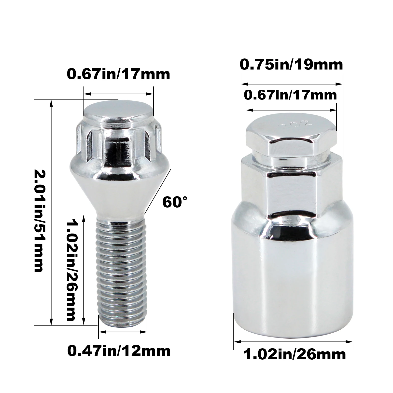 Wheel Bolt M12 x 1.5 17mm Hex 26mm Thread Chrome Locking Seat Lug Nuts & Security Key Anti Theft For BMW MINI Vauxhalls Nissan