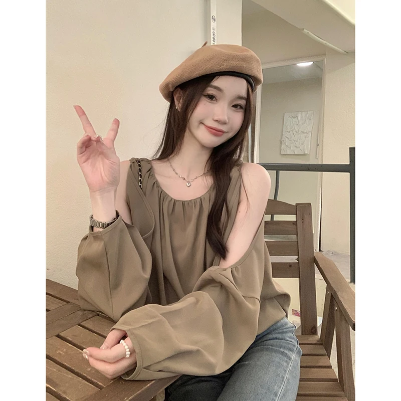 

Korean New Women Shirt Vintage Strapless Design Sense Niche Long Sleeve Y2k Tops Girls Loose Casual Versatile Blouse Female