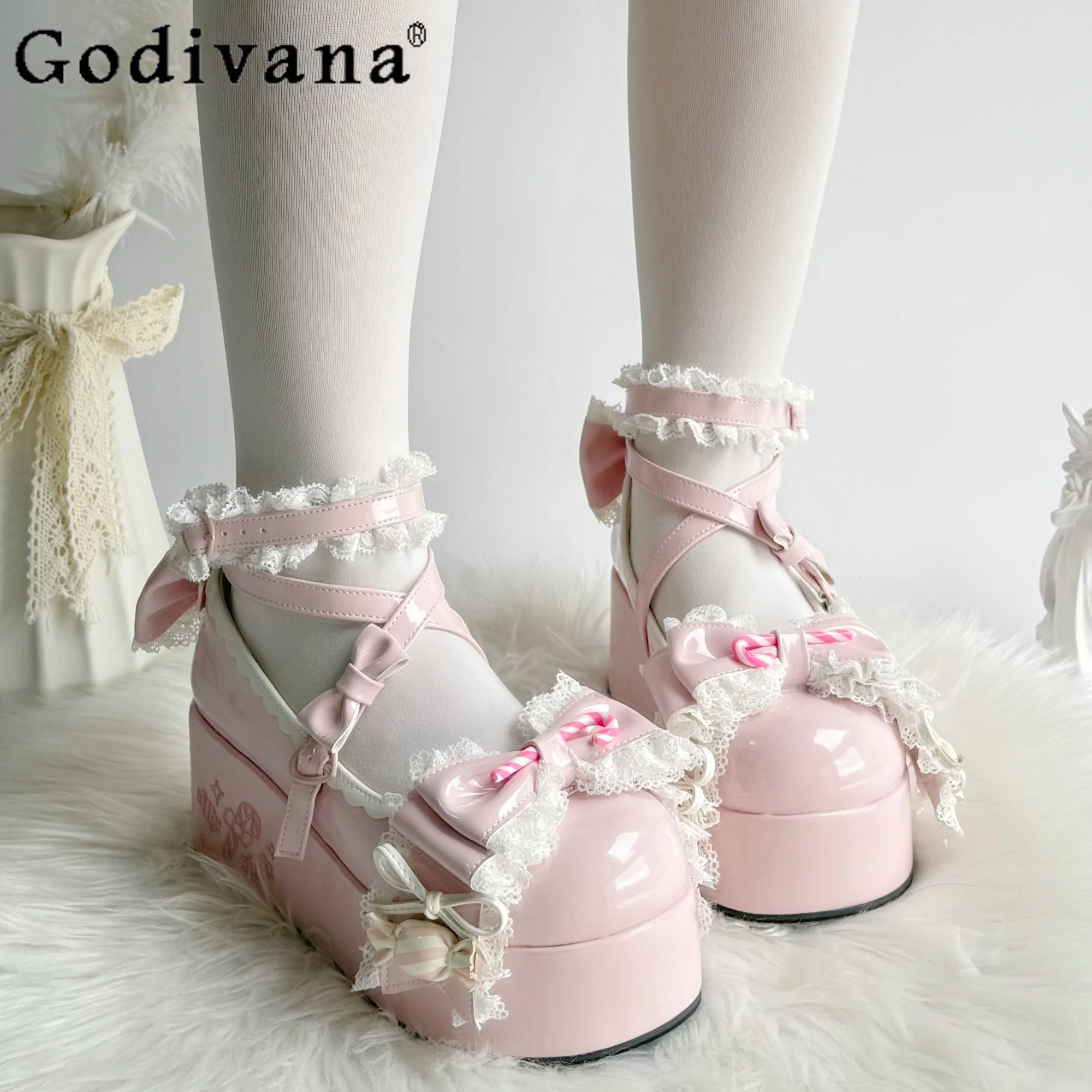 

Original Lolita Style Pink Platform Shoes Autumn 2025 Sweet Girls Cute Bow Lace Mary Jane Shoes Tea Party Pumps Leather Shoes
