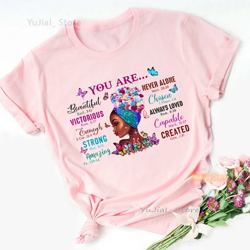 Camiseta gráfica preta com estampa feminina, camiseta borboleta mágica, você é linda, nunca sozinho, forte, surpreendente, capaz, fêmea, meninas