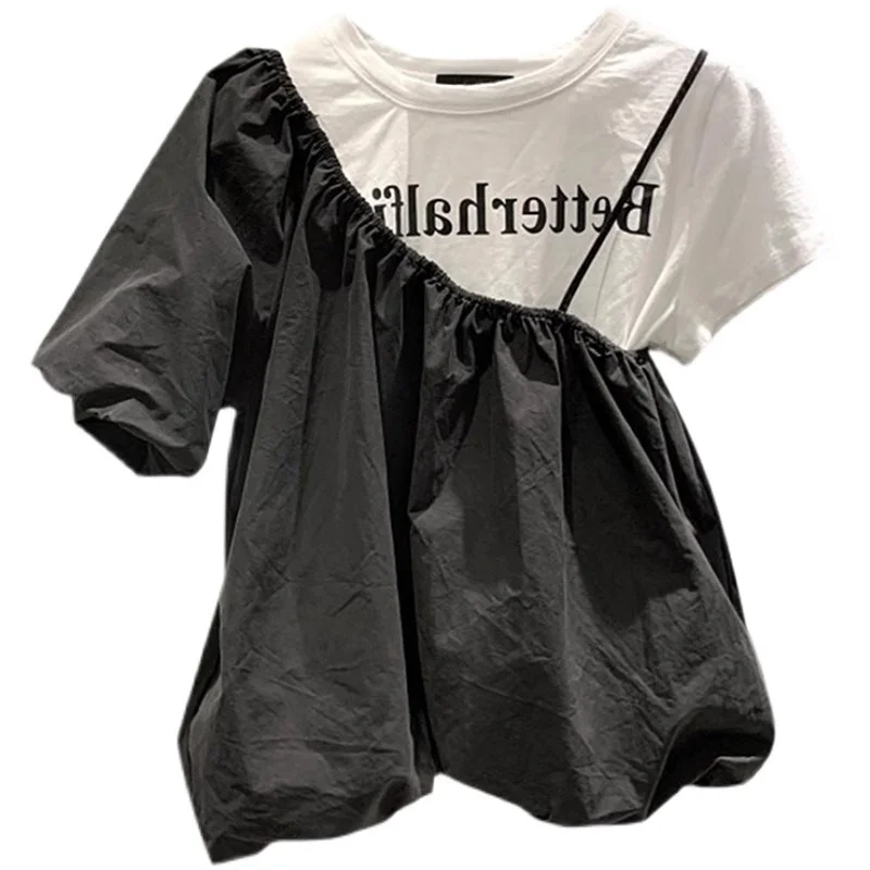 

Plus Size plus Size Women's T-irt 300 Pou Splice Fake Two-Piece ort Sve Loose Top Sli Casual Korean Sle Summer irt