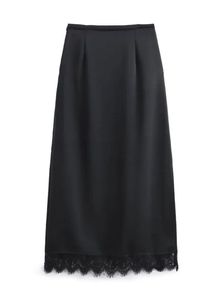 أنيقة الدانتيل المرقعة الساتان ميدي تنورة المرأة النمط الأوروبي مستقيم أنبوب تنورة خلات النسيج موضة بسيطة الزي بالجملة