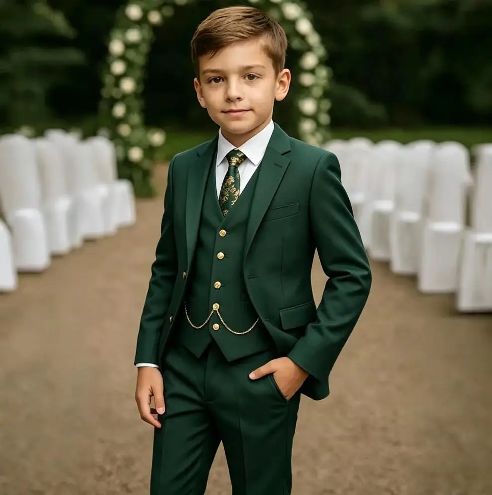 

Dark Green Boys Suit Set for Wedding Party Prom 3 Pieces Slim Fit Tuxedo Kids Formal Outfit Blazer Vest Pant Suit