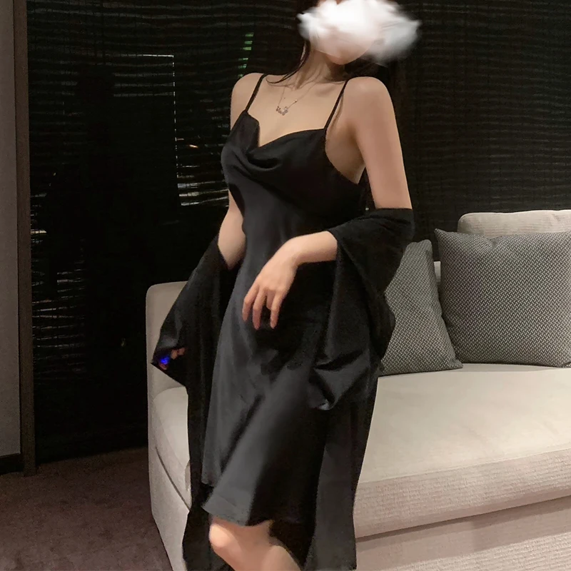 

Autumn and winter solid color suspender pajamas sexy and charming pajamas pure desire for home wear set can be worn externally