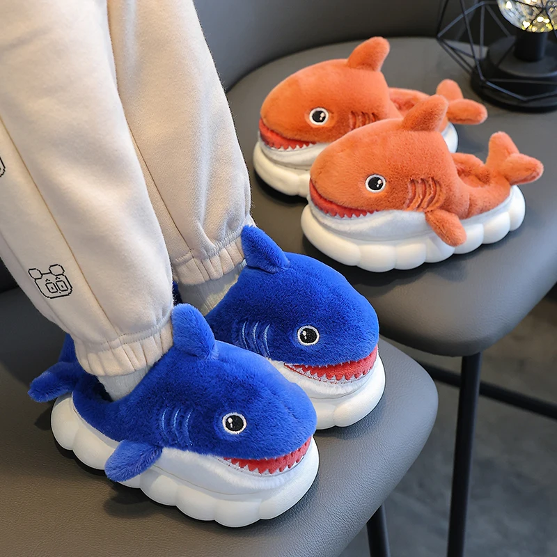 New Winter Cute Cartoon Shark Shaped Cotton Slippers Children\'s Non-slip Soft For Kids Girls And Boys Baby Warm Plush Home Shoes