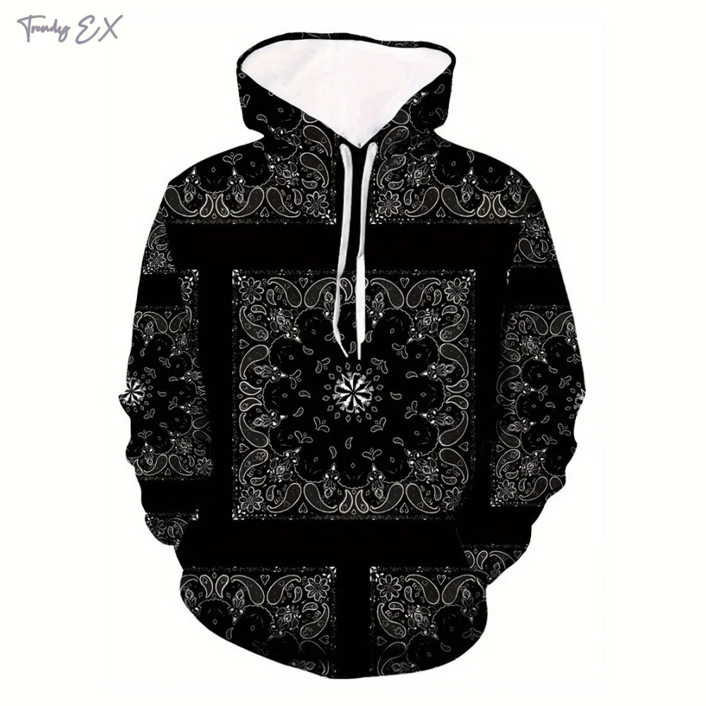 2024 New Sweatshirt Unisex Retro Bandana Print Cool Hoodies Fashion Patchwork Pattern Design Kangaroo Pocket Men\'s Sweatshirt