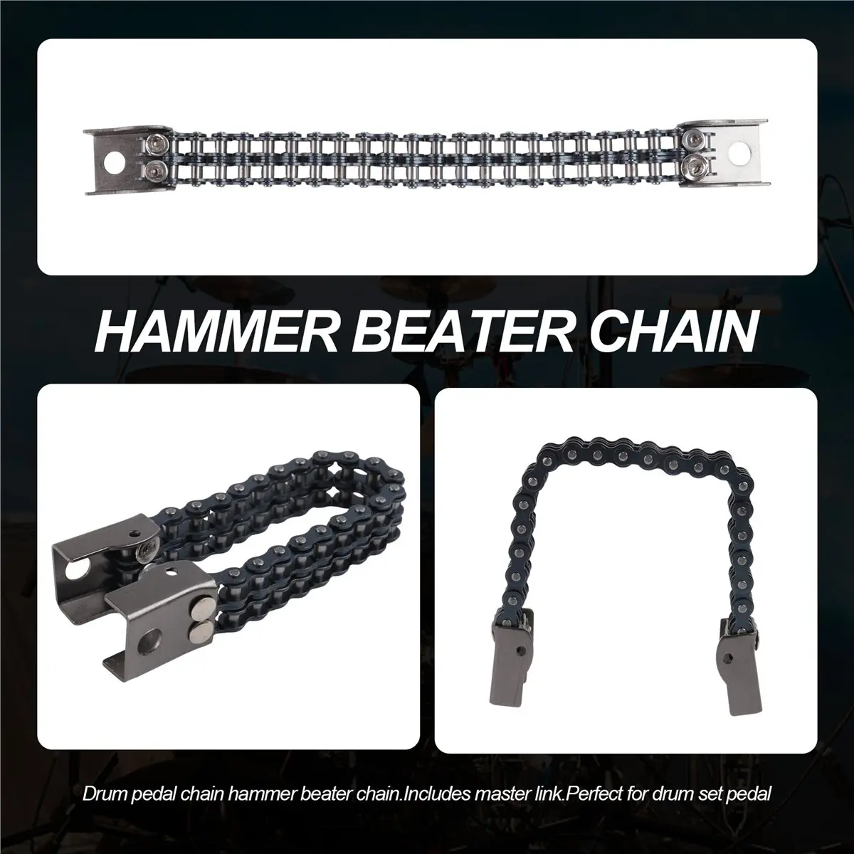 【NEW B63C】 Drum Kit Pedal Connecting Chain with Master Link Drum Pedal Chain Hammer Beater Chain Replacement Percussion