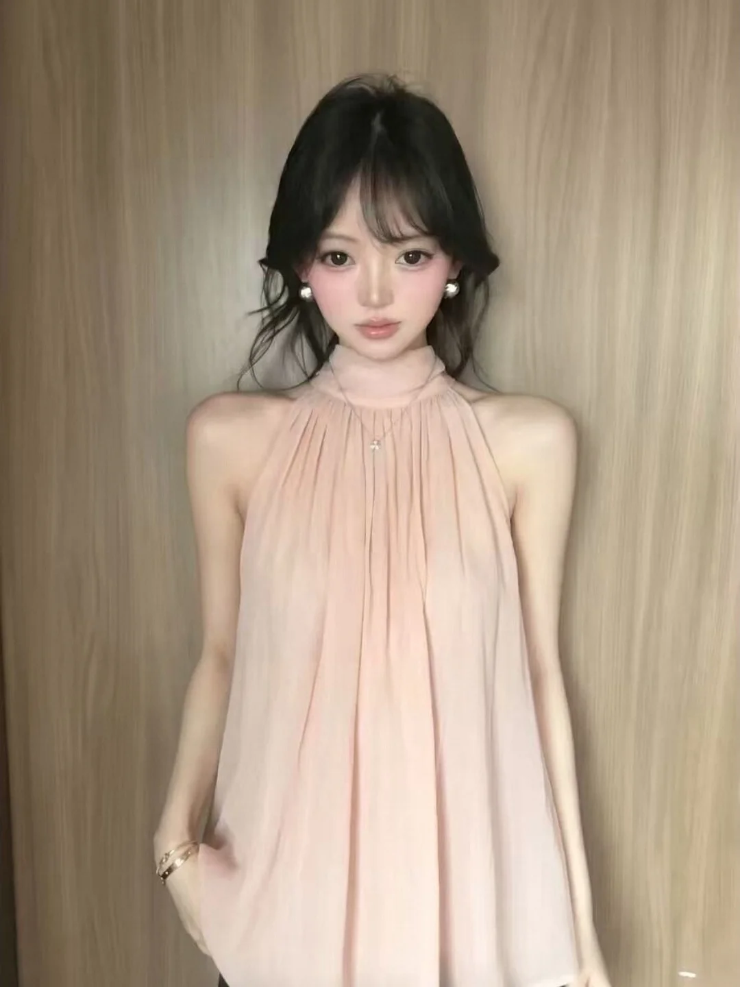 Elegant High Collar Sleeveless Vest Women's Summer Outfit Design Shoulder Bared Slimming Necktie Top Breathable Casual Wear