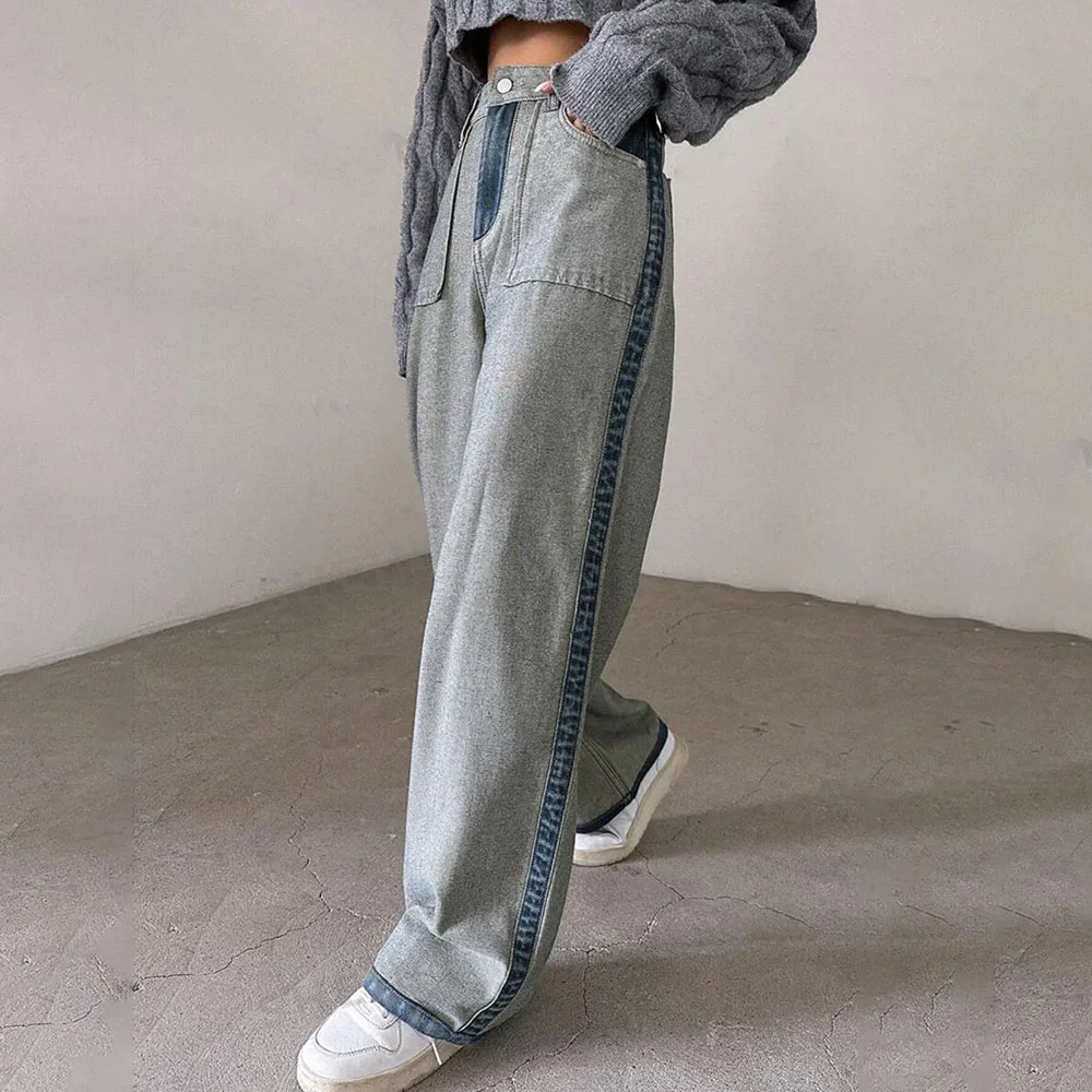 TWOTWINSTYLE Colorblock Designer Loose Denim Pants For Women High Waist Patchwork Pockets Streetwear Casual Jeans Female Fashion