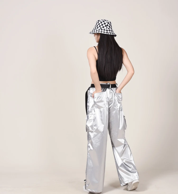2025 Helle Silber Jazz Dance Hosen Erwachsene Street Dance Kostüm Kinder Hip Hop Mode Kleidung Kind Kpop Outft Schwarz Lose Hosen