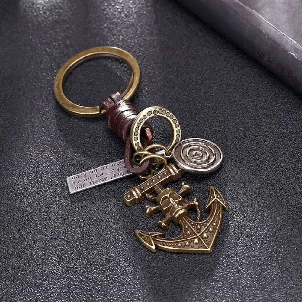 Genuine Leather Pirate Ship Key Chain Charm Alloy Vintage Skeleton Keychain Sailboat Bronze Fashion Vintage Keyring Jewelry Gift