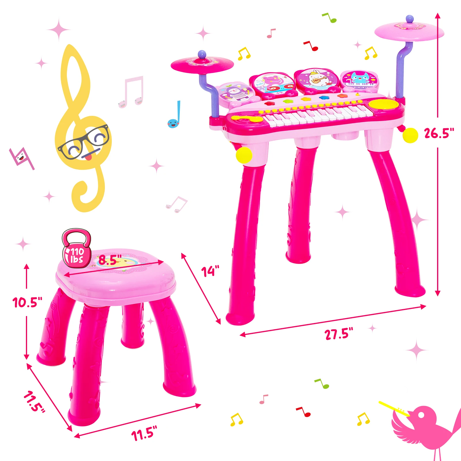 24 Key DJ Piano Keyboard Drum Toy Music Instrument w/MP3 Microphone Cymbal Pink