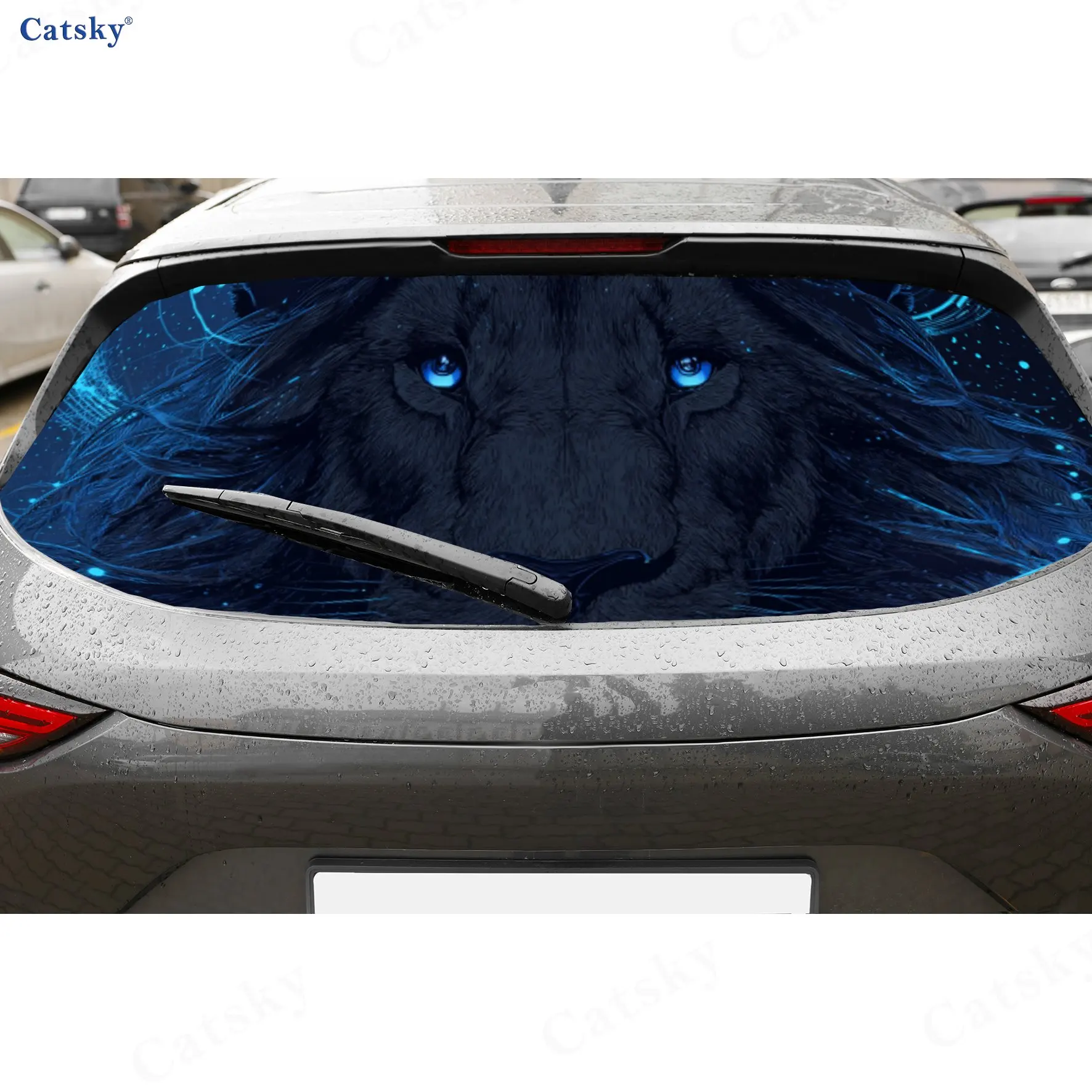 Mighty Blue Eyes Lightning Black Lion PVC Perforated Car Vinyl Wraps, Durable Car Rear Windshield Sticker, Waterproof Car Rear W