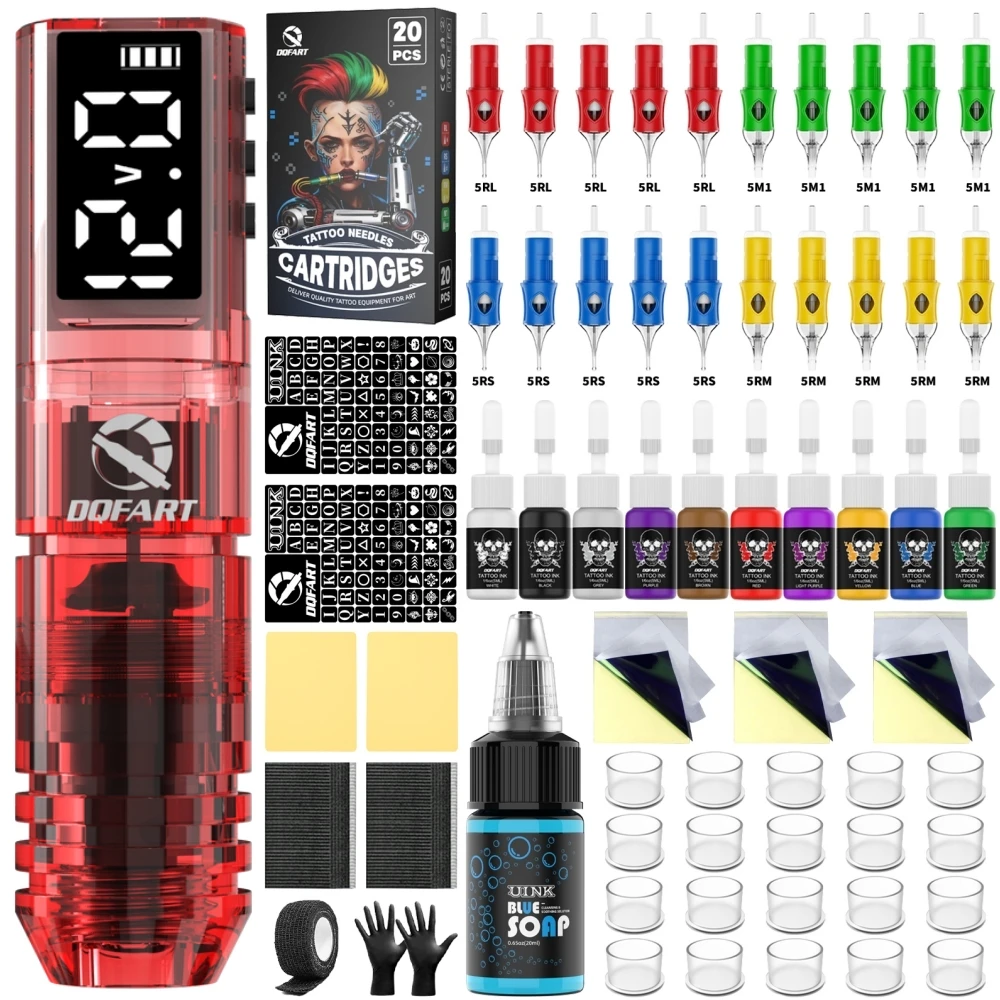 New DQFART Red P1 Led Digltal Display Electric Wireless Tattoo Machine Tattoo Kit Ink Needles Transfer Beginner Tattoo Artists