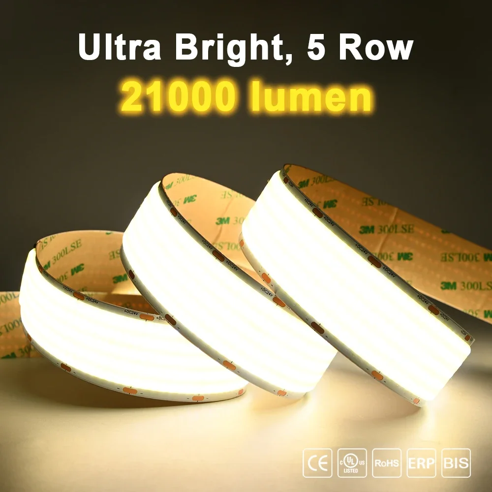 

5 Row Super Bright Flexible COB LED Strip Light 4300lm/m High Density 1600 LEDs/m Dimmable Led Tape RA90 3000K 4000K 6500K DC24V