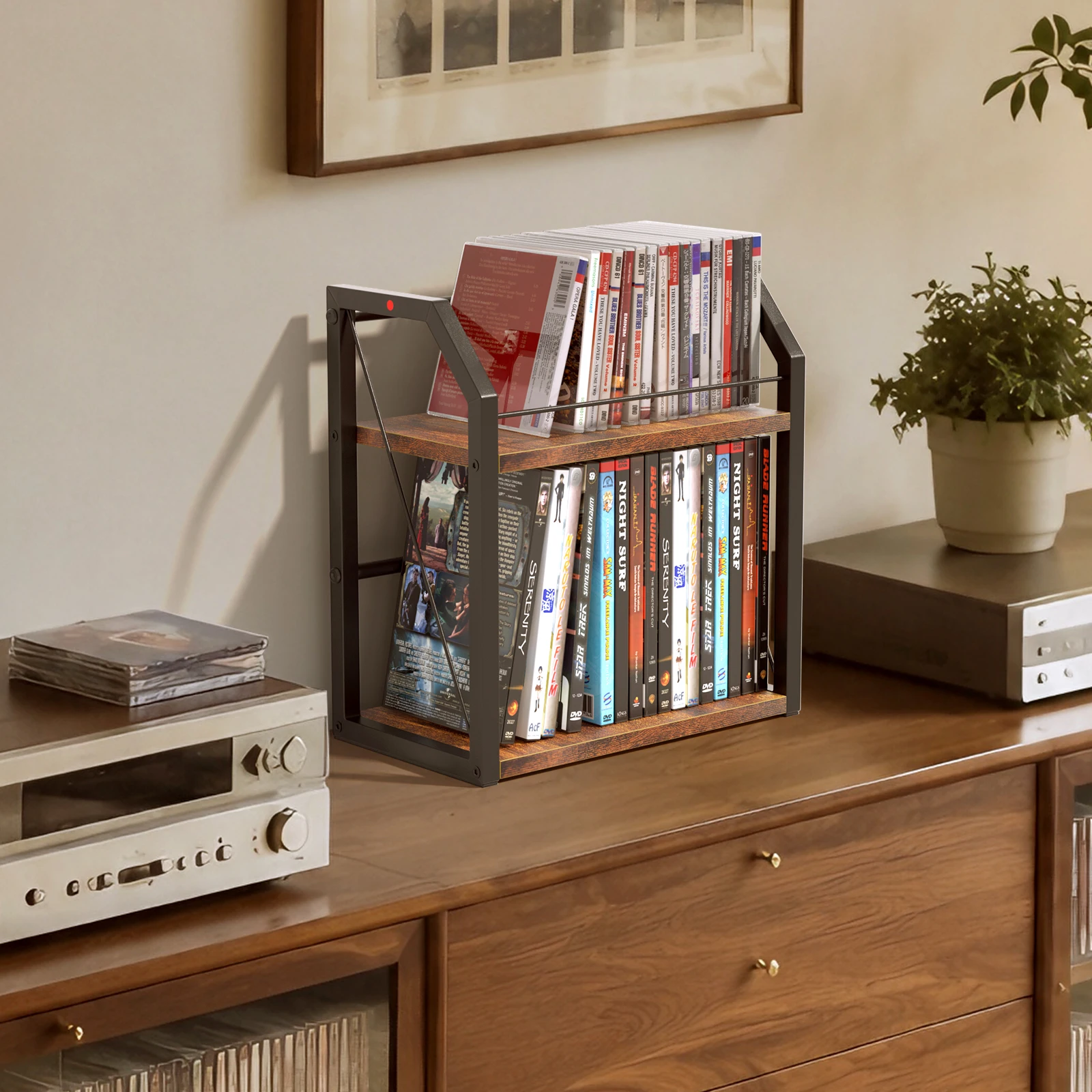 New 2Layer CD+DVD Organizer Rack Iron Wood Display Shelf Space-Saving Storage Display Rack for Movies Music Game Discs CDs DVDs - view 2