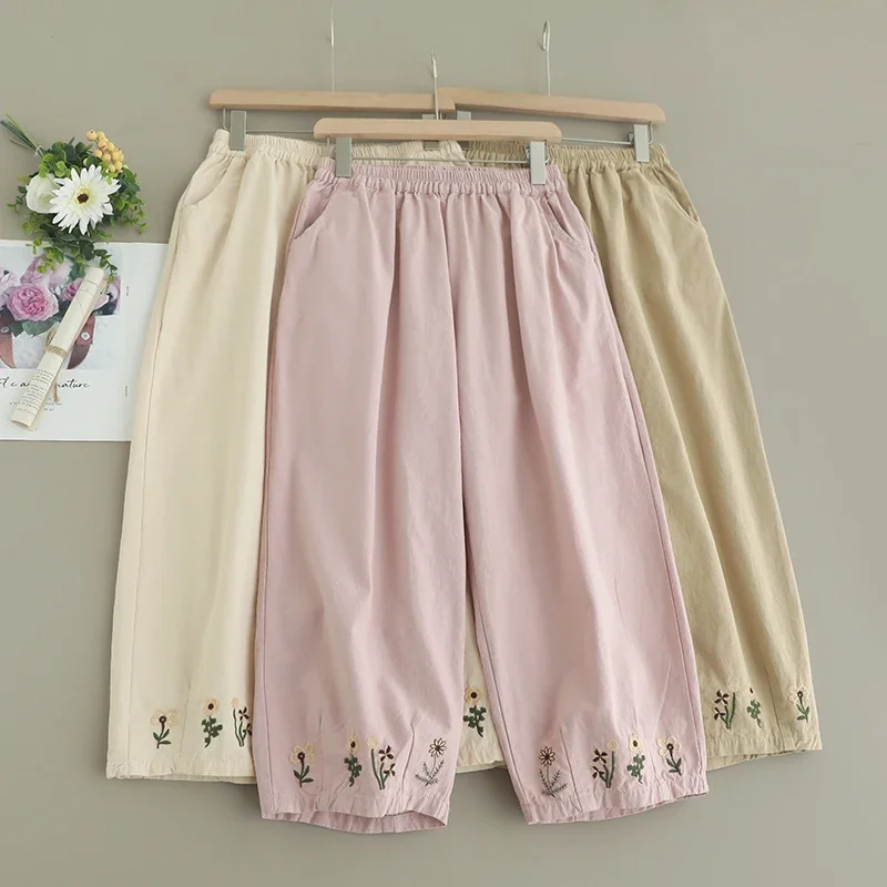 

Summer Sweet Mori Girl Floral Embroidered Pants Women Elastic Waist Casual Loose Cotton Pants