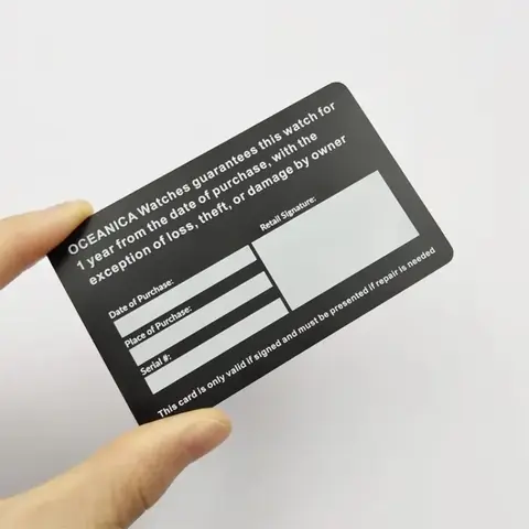 Cartão de garantia de metal personalizado Cartão de garantia de metal para produto/relógio