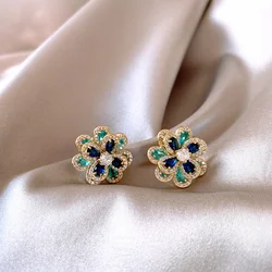 Korean New Fashion Jewelry 14K Gold Plated Luxury Colorful Zircon Double Layer Flower Earrings Elegant Women's Evening Party