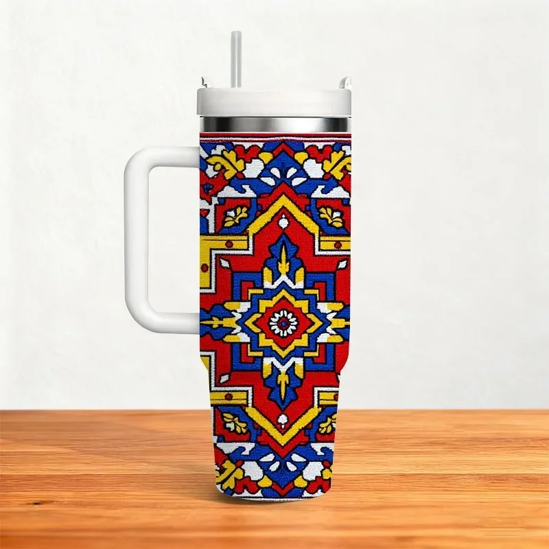 Stainless Steel Insulated Tumbler, 40oz, Intricate Traditional Persian Rug Inspired Symmetrical Geometric Floral Digital Print, Reusable Thermal Cup for Keeping Drinks Hot or Cold, Perfect for Office, Travel & Daily Beverage Use