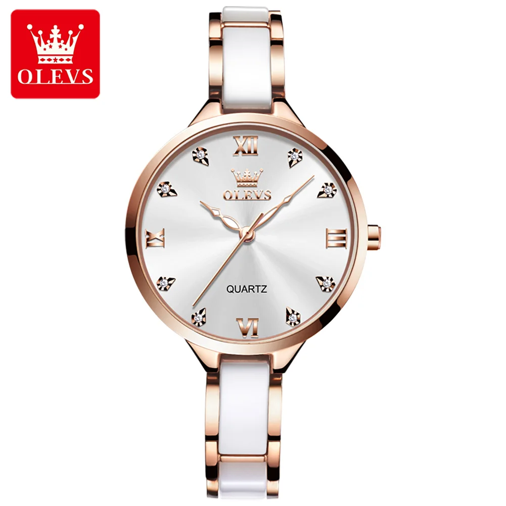 OLEVS 5872 Watches for Woman Fashion Elegant Luxury Rose Gold Ceramics Strap Japan Quartz Movement Waterproof Women's Watches