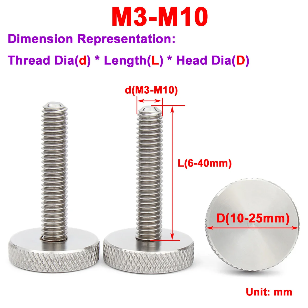 304 Stainless Steel Knurled Hand Screw Adjustment Bolt Large Head Advertising Mirror Screw M3M4M5M6M8M10